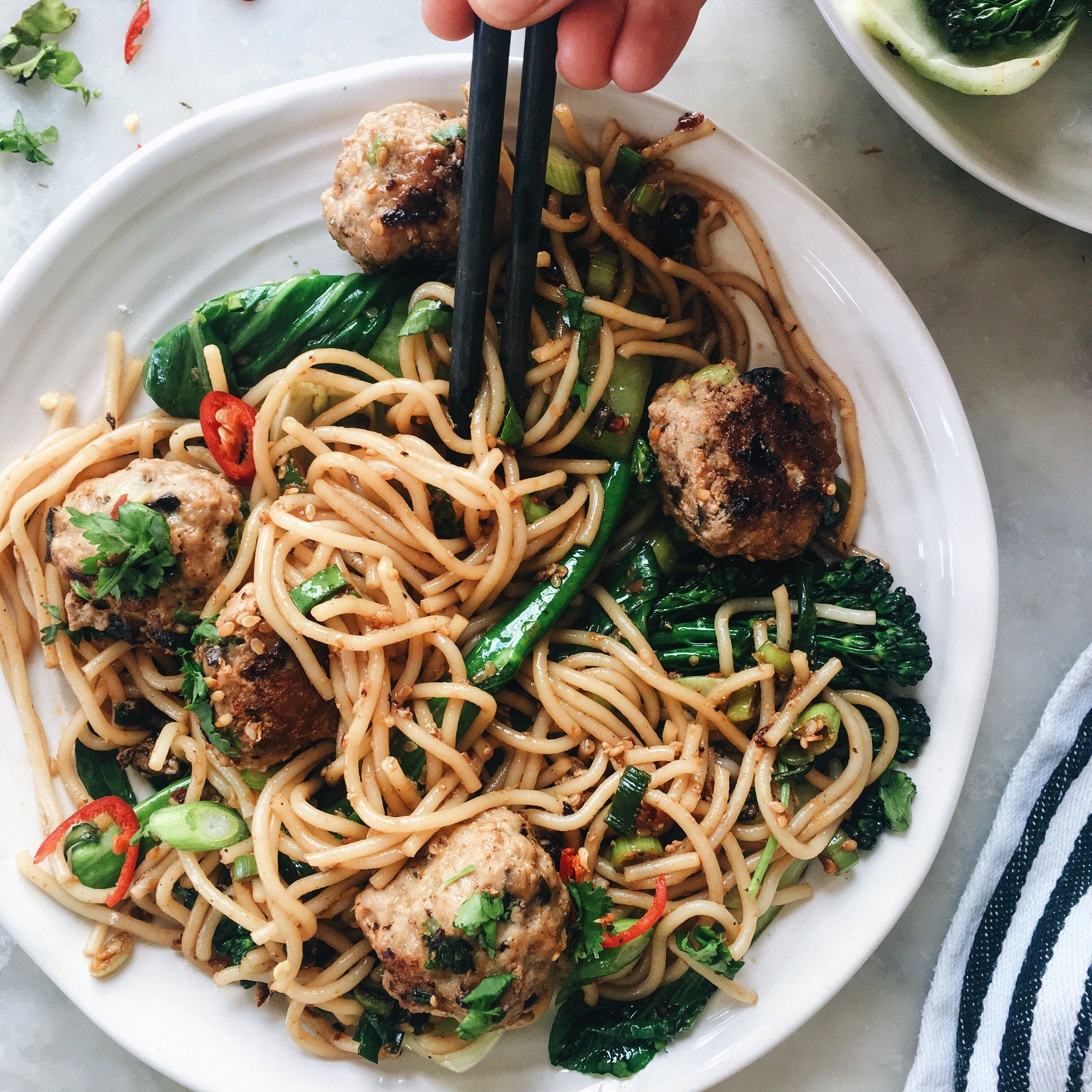 best of Noodles over sesame Asian meatballs